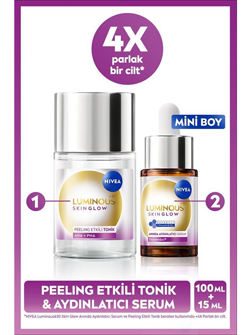 Luminous630 Skin Glow Anında Aydınlatıcı Serum 15ml ve Peeling Etkili Tonik 100ml, Eşit Cilt Tonu