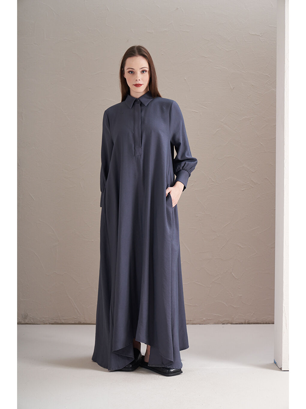 A Pile Ekstra Salaş Modal Elbise İndigo-6