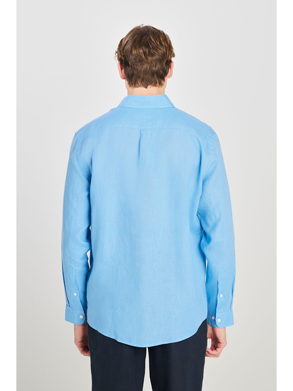 %100 Keten Regular Fit Normal Kesim Mavi Gömlek-4