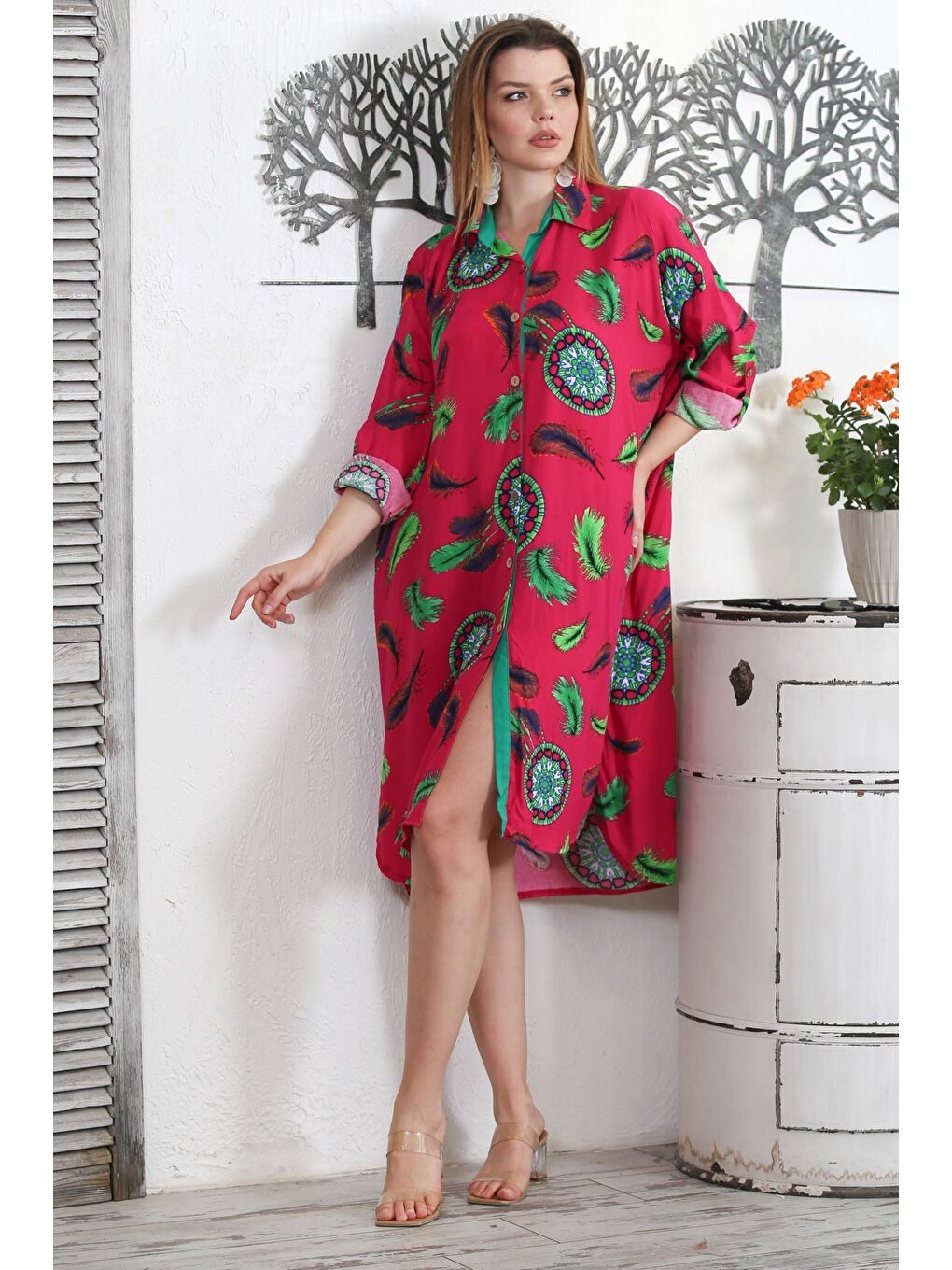 Fuşya Gömlek Yaka Uzun Kol Düğmeli Gizli Cepli Allover Baskılı Dokuma Casual Elbise-1