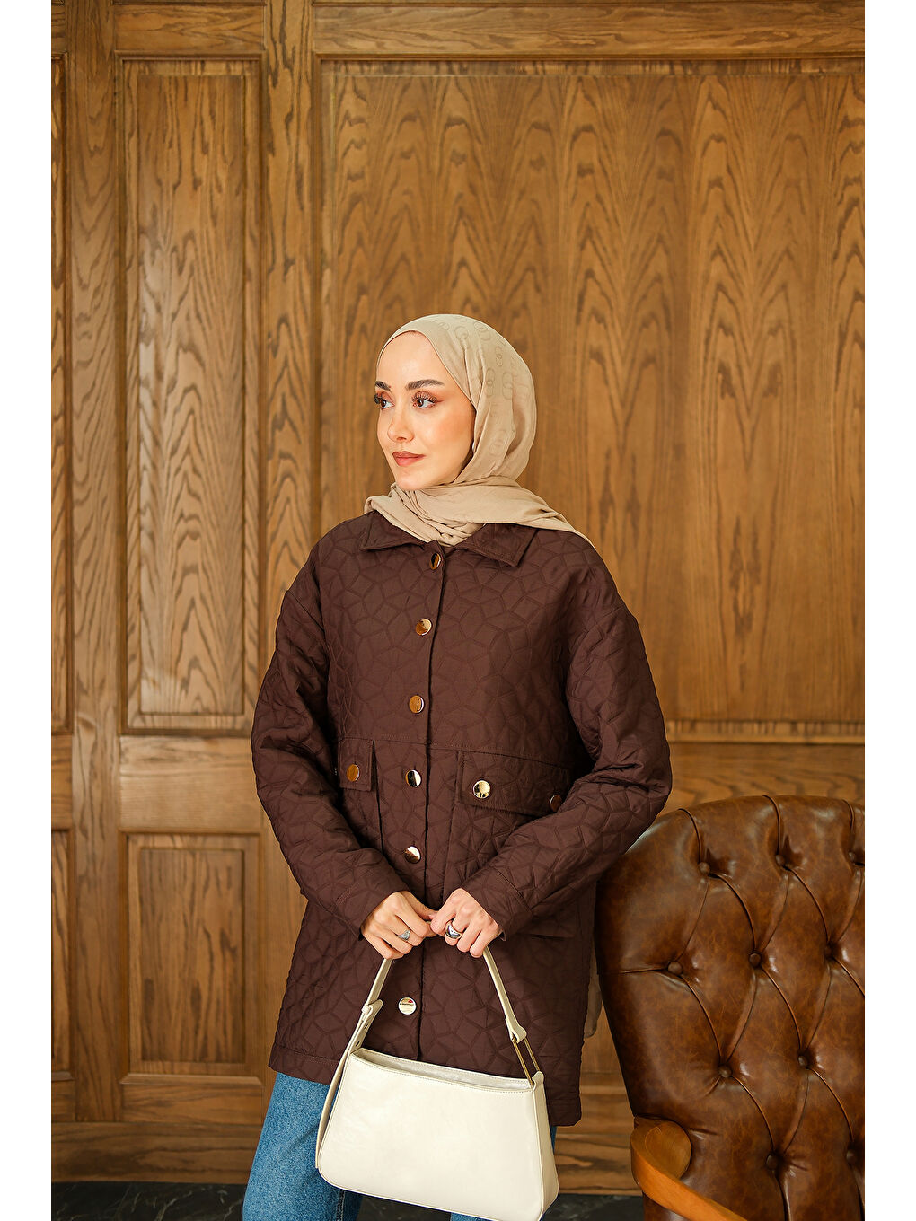 Kadın Kapitone Desen Gold Düğme Detay Ceket Kahverengi