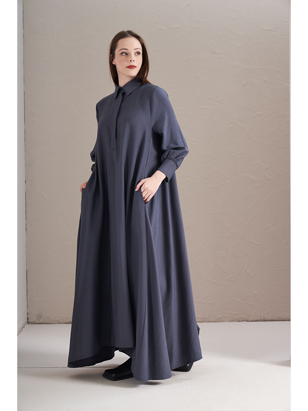 A Pile Ekstra Salaş Modal Elbise İndigo-7