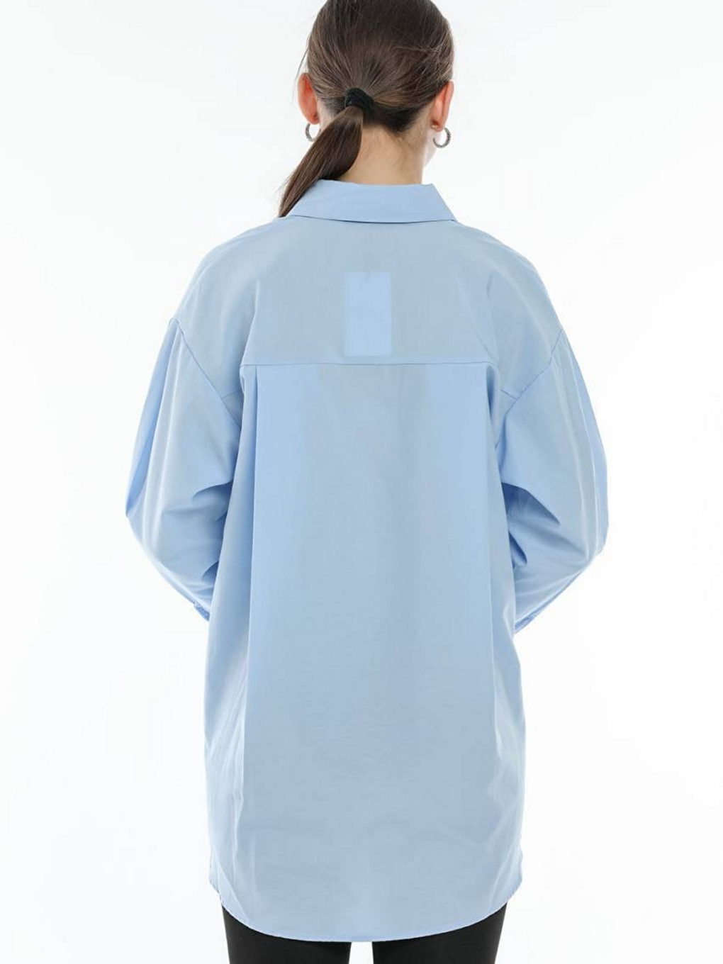 Mavi Oversize Arkası Uzun Önü Kısa Poplin Gömlek-4