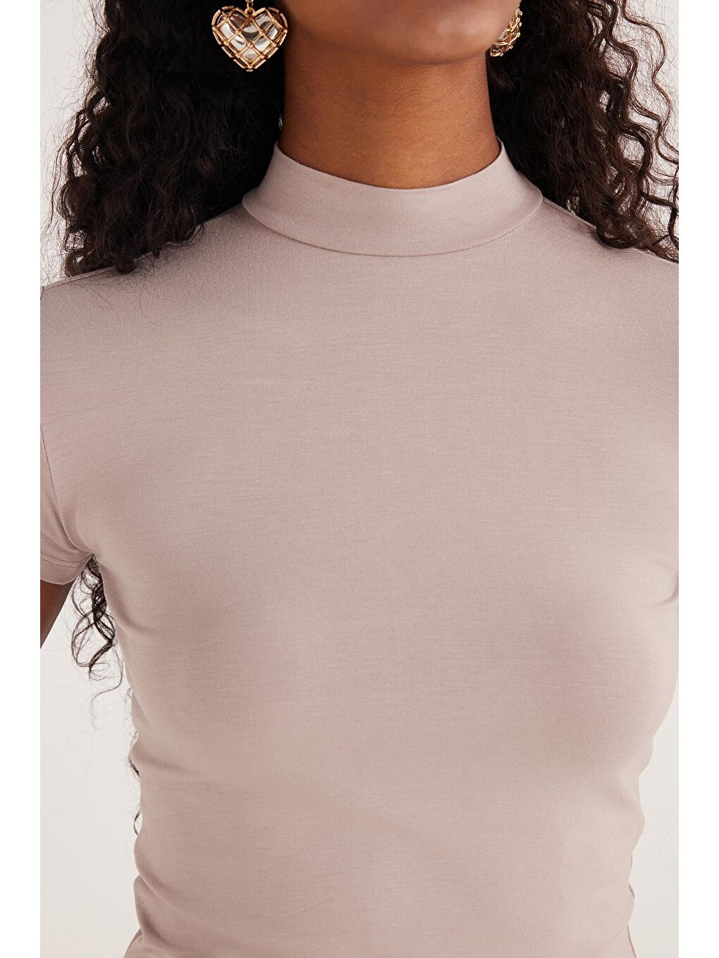 Bej Kadın Slim Fit Dar Kesim Viskon Kumaş Yarım Balıkçı Yaka Vizon Bluz-2