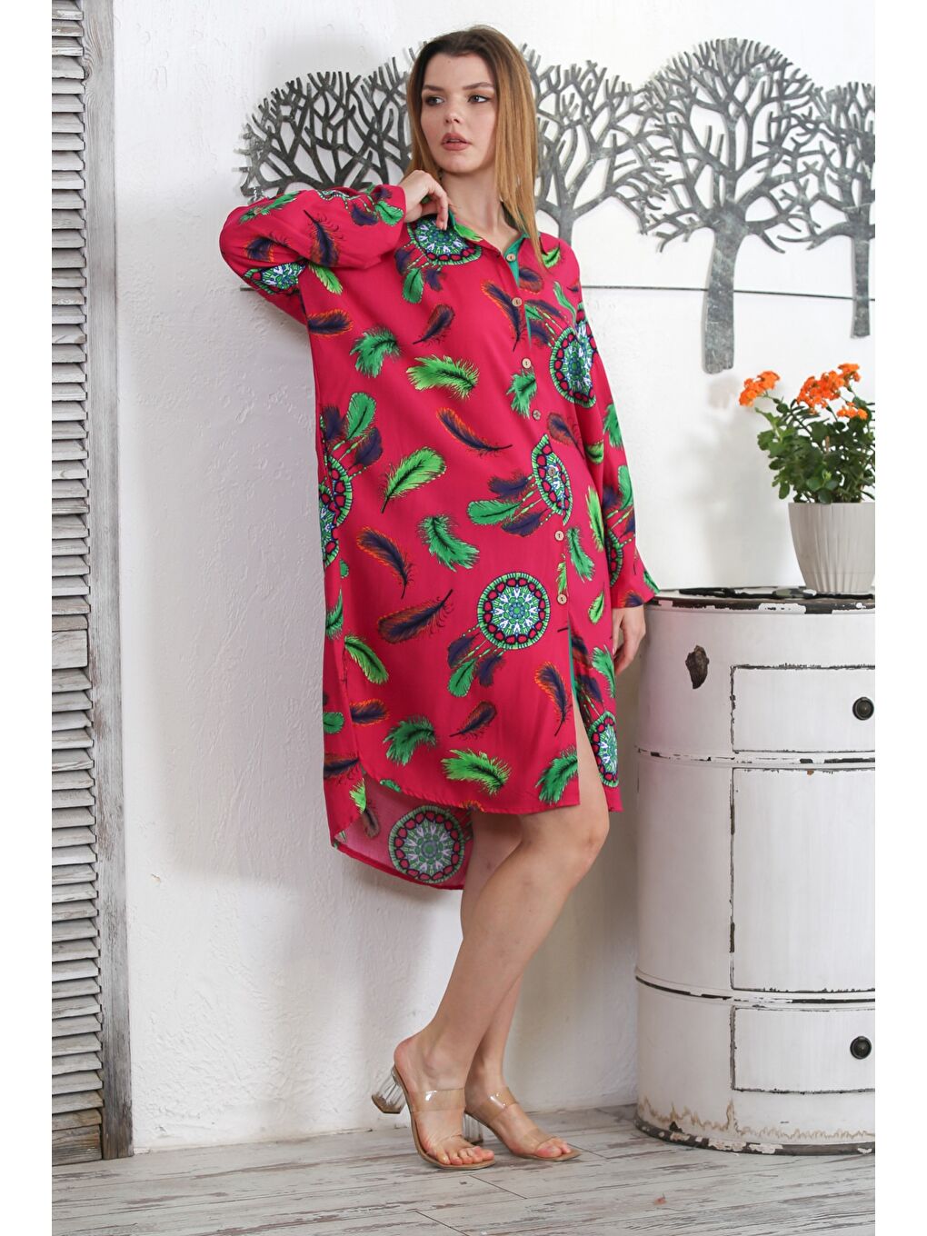 Fuşya Gömlek Yaka Uzun Kol Düğmeli Gizli Cepli Allover Baskılı Dokuma Casual Elbise-2