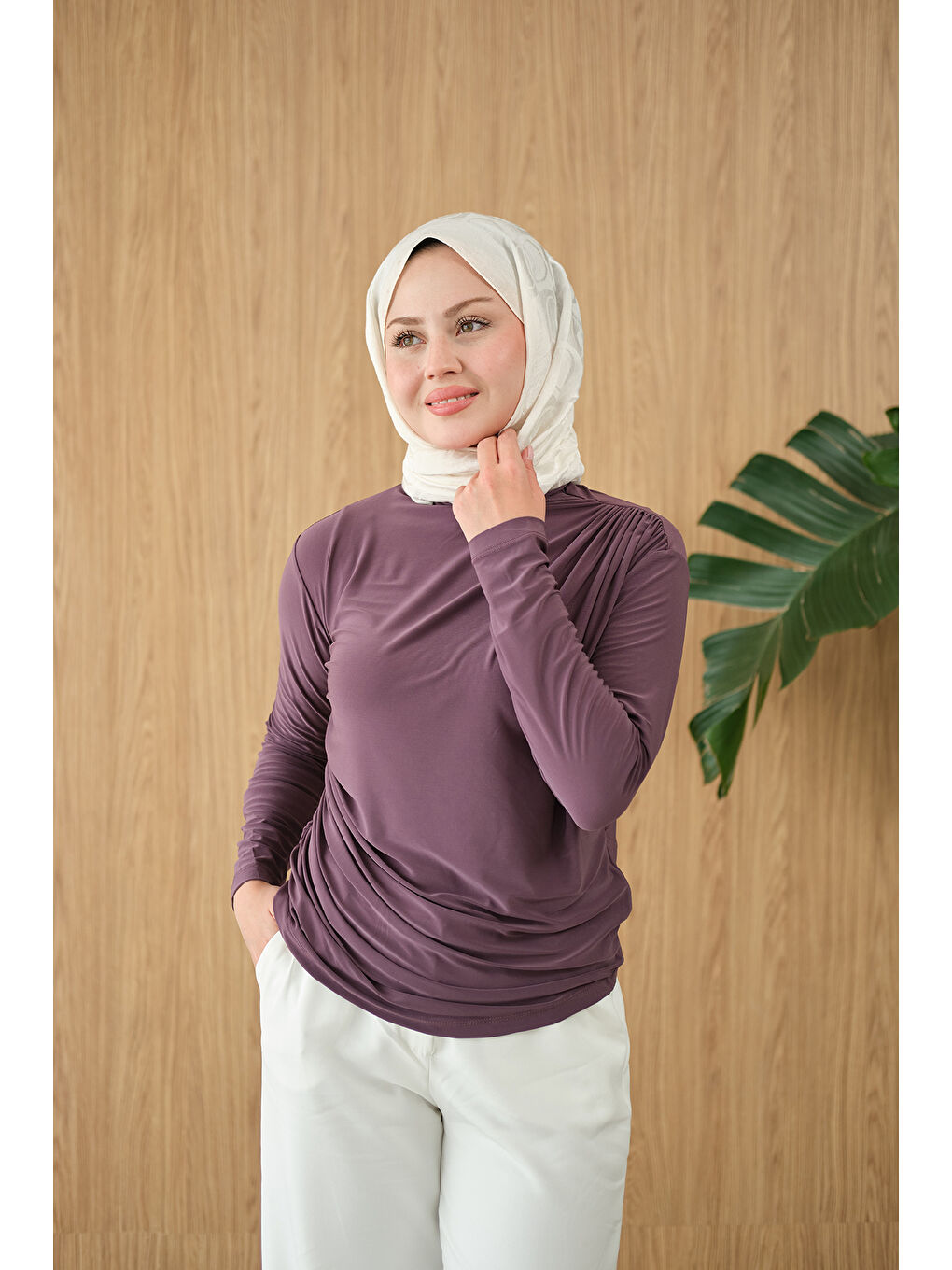 Pembe Kadın Uzun Kollu Büzgü Detay Bluz Gül Kurusu-4