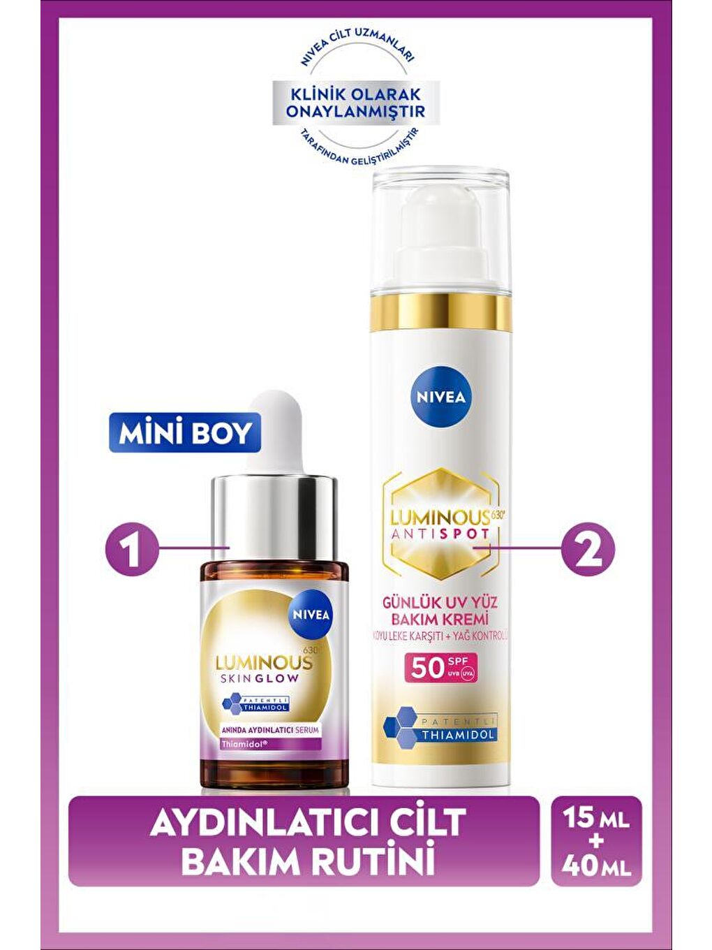 Luminous630 Aydınlatıcı ve Leke Karşıtı Cilt Bakım Seti, SPF50 Yüz Güneş Kremi 40ml, Serum 15ml