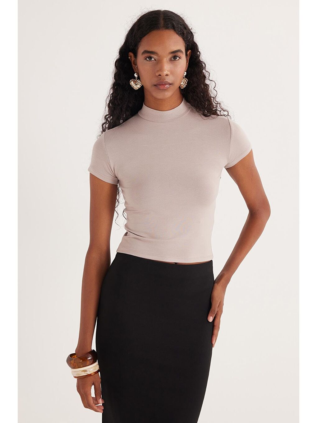 Bej Kadın Slim Fit Dar Kesim Viskon Kumaş Yarım Balıkçı Yaka Vizon Bluz-4