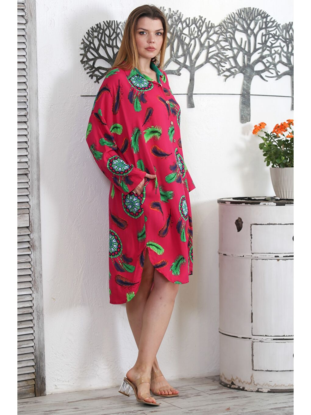 Fuşya Gömlek Yaka Uzun Kol Düğmeli Gizli Cepli Allover Baskılı Dokuma Casual Elbise-3