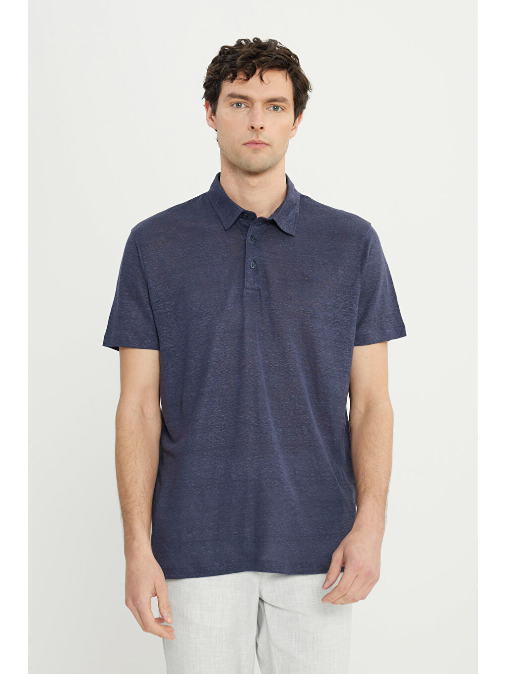 Erkek Lacivert %100 Keten Slim Fit Dar Kesim Polo Yaka Tişört-2
