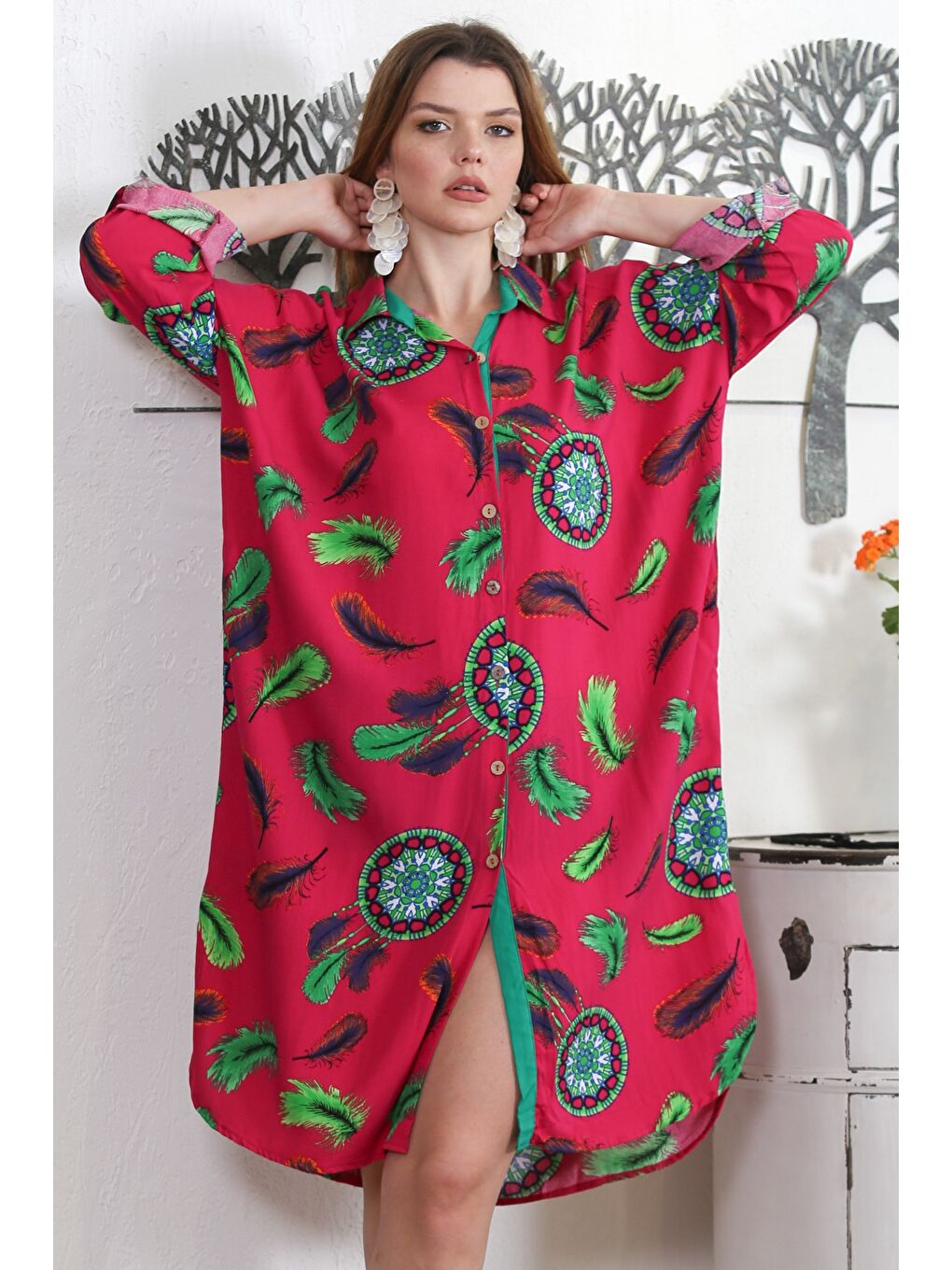 Fuşya Gömlek Yaka Uzun Kol Düğmeli Gizli Cepli Allover Baskılı Dokuma Casual Elbise-4