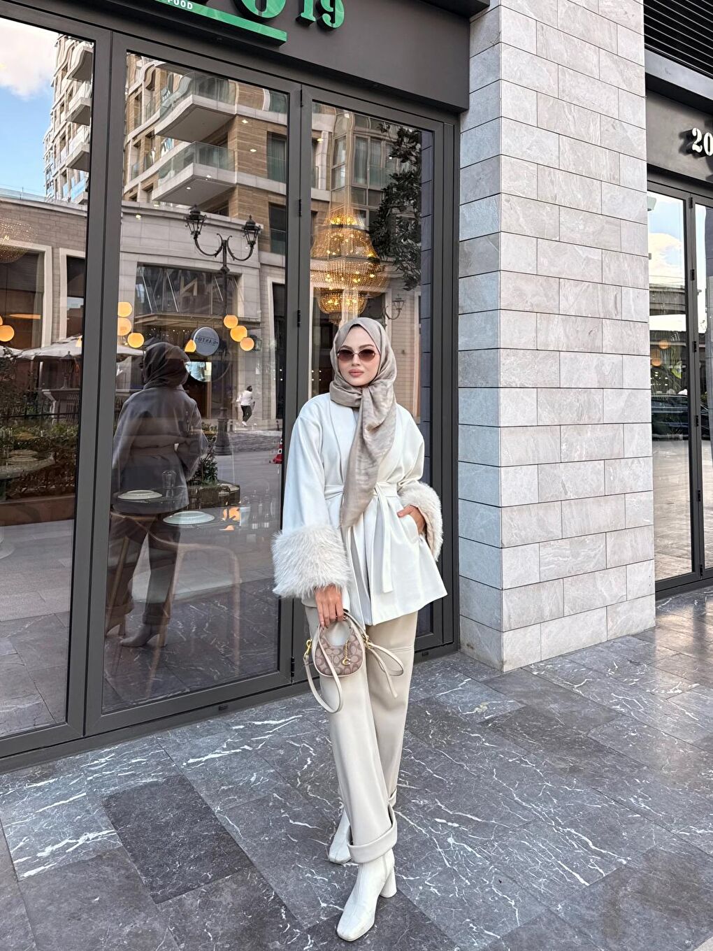 Ekru Kadın Bel Bağlamalı Kaşe Kaban Krem-2