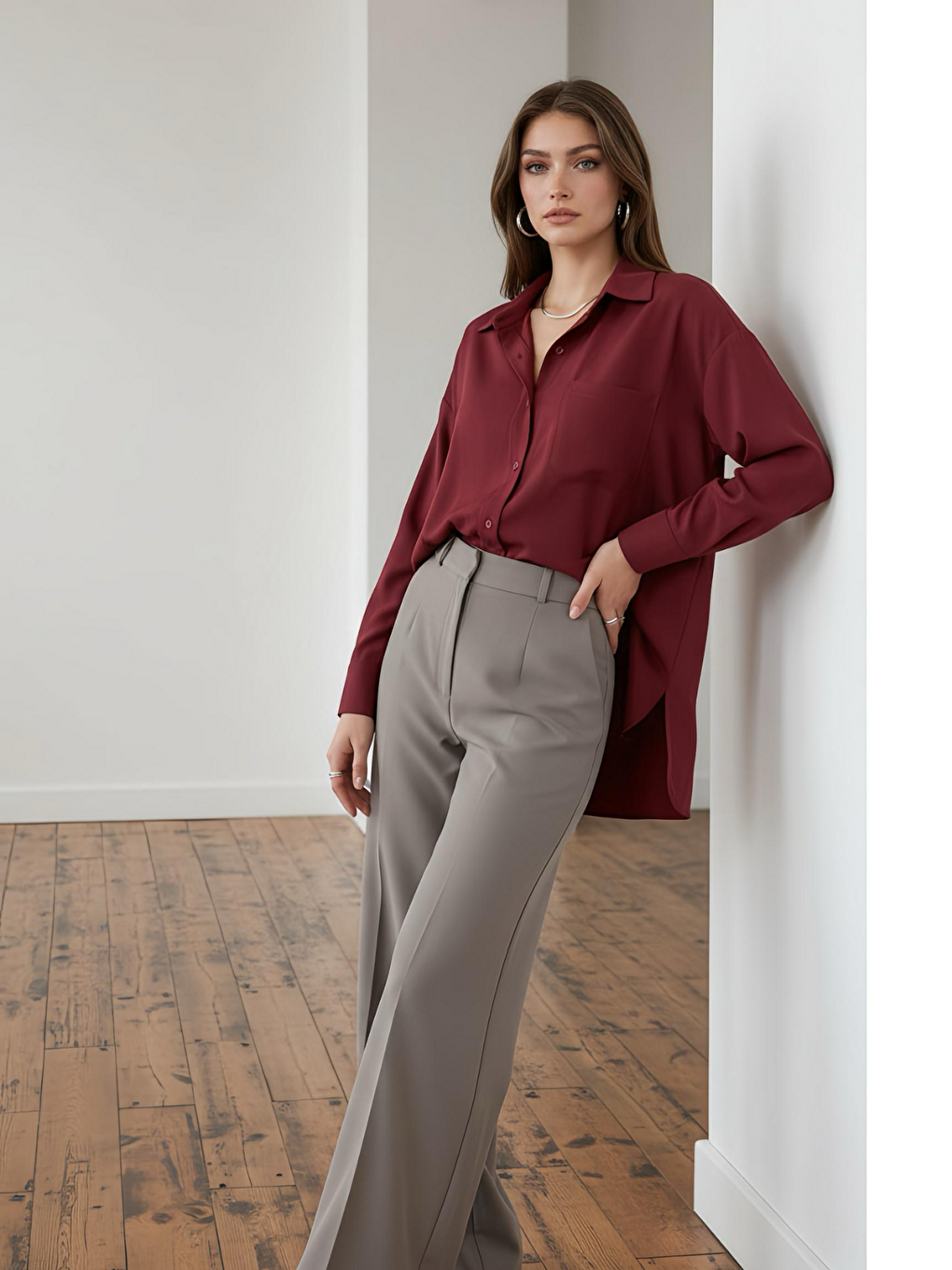 Bordo Oversize Arkası Uzun Önü Kısa Poplin Gömlek