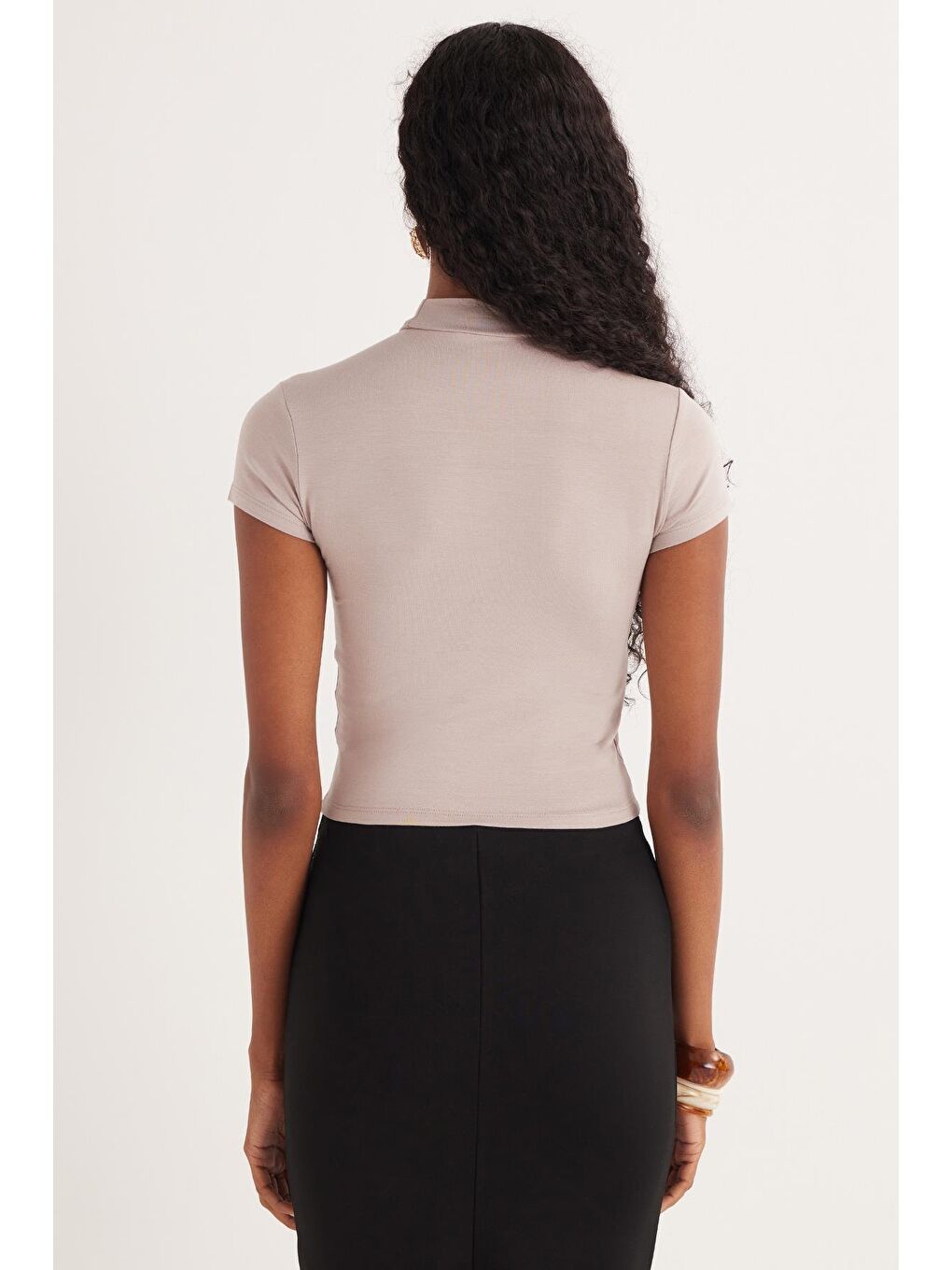 Bej Kadın Slim Fit Dar Kesim Viskon Kumaş Yarım Balıkçı Yaka Vizon Bluz-6