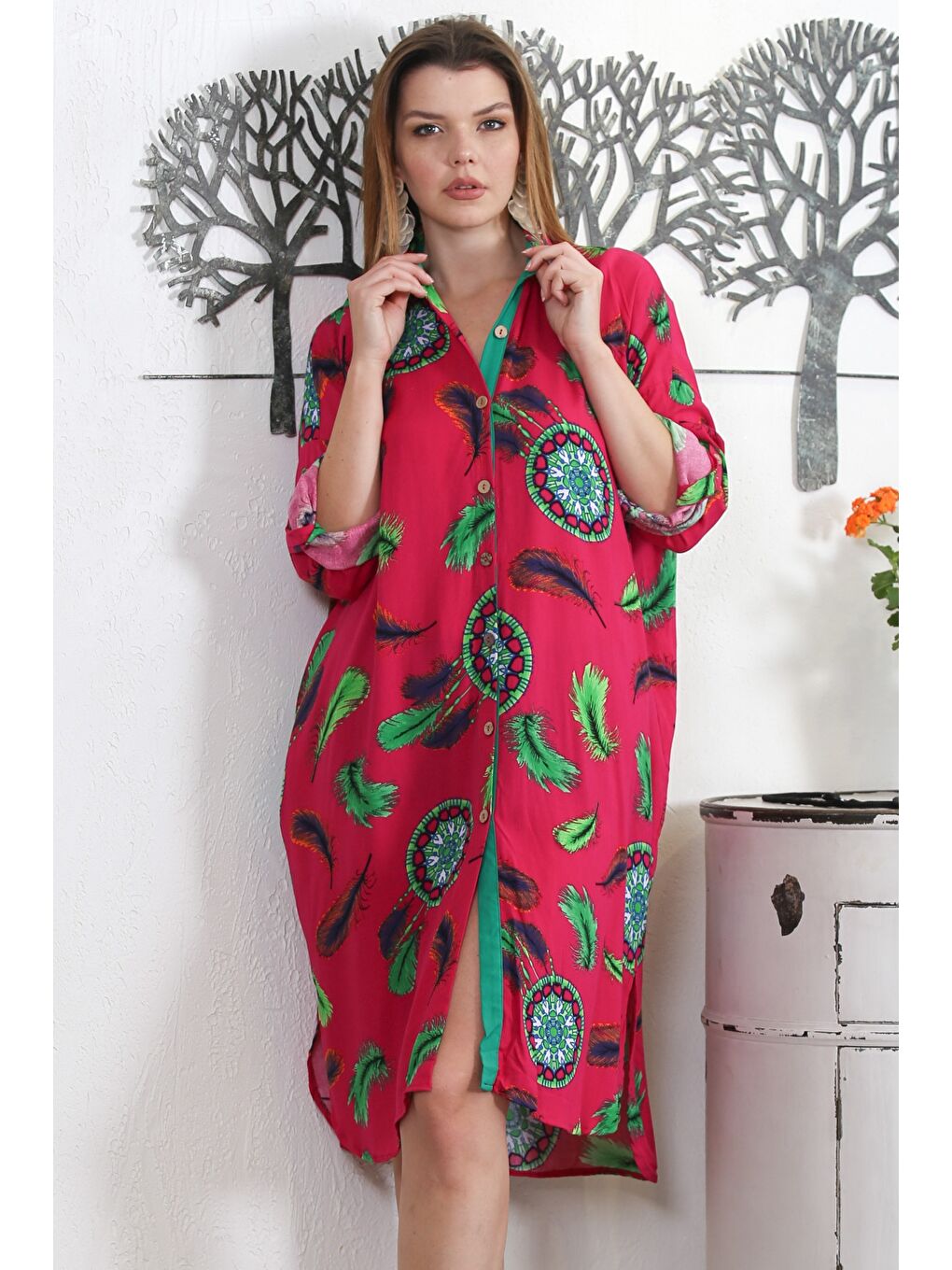 Fuşya Gömlek Yaka Uzun Kol Düğmeli Gizli Cepli Allover Baskılı Dokuma Casual Elbise-5