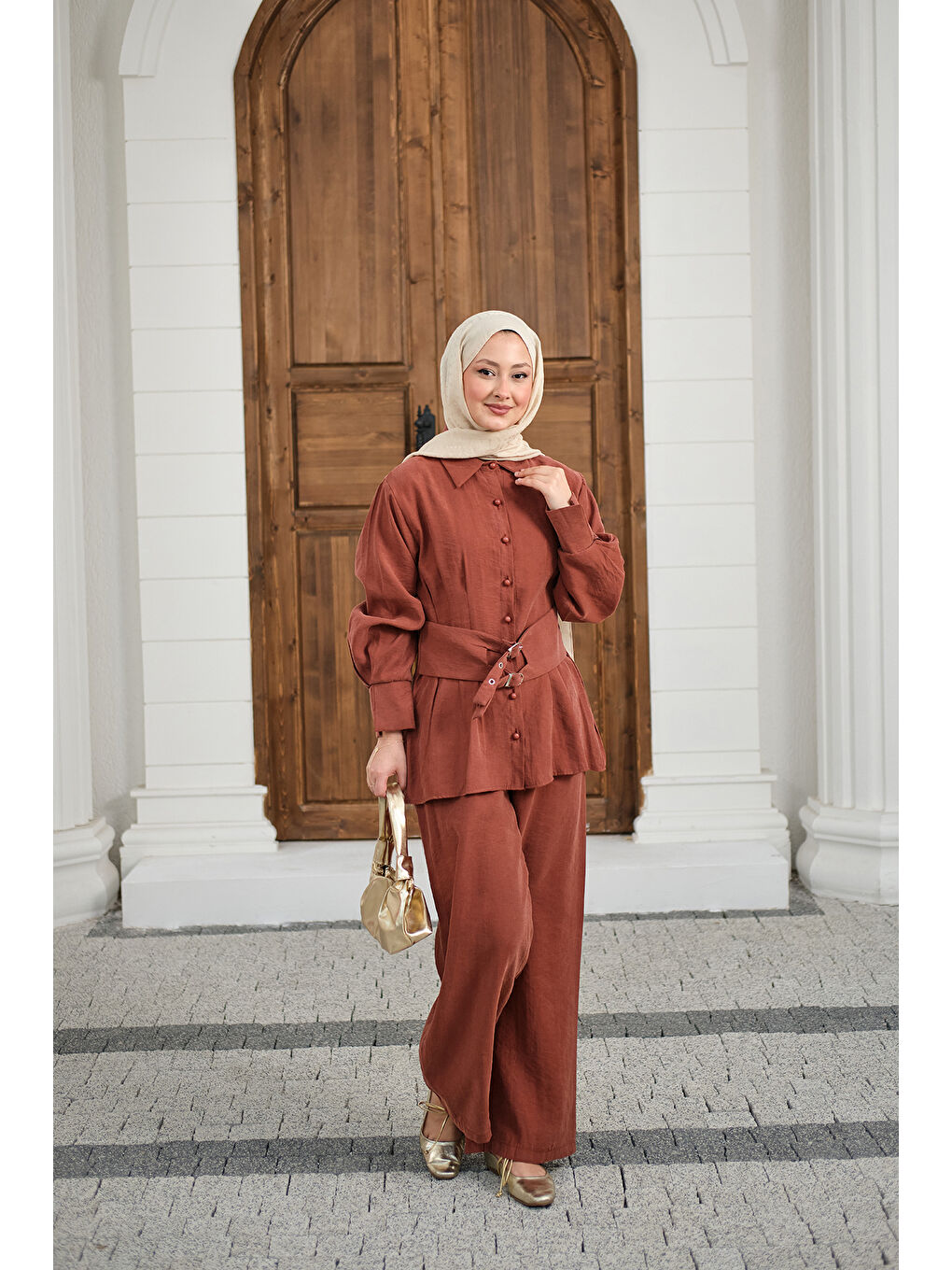 Kahverengi Kadın Beli Pile Detay İki Kemerli Gömlek Yaka Takım Kiremit-1