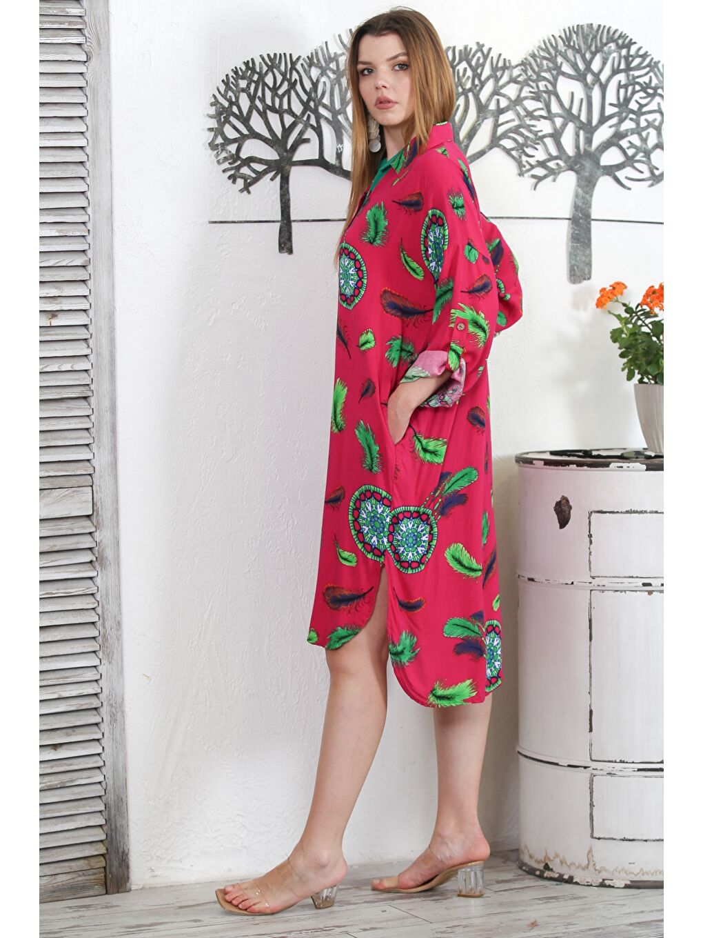 Fuşya Gömlek Yaka Uzun Kol Düğmeli Gizli Cepli Allover Baskılı Dokuma Casual Elbise-6