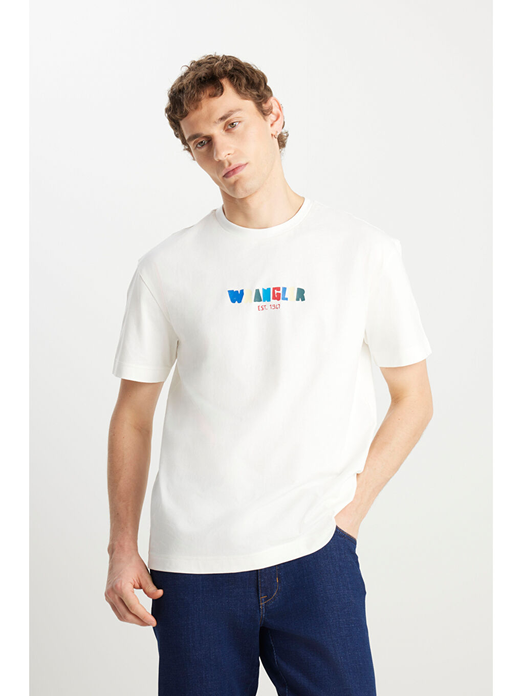 Beyaz %100 Pamuk Relaxed Fit Geniş Kesim Bisiklet Yaka Ekru Tişört-1