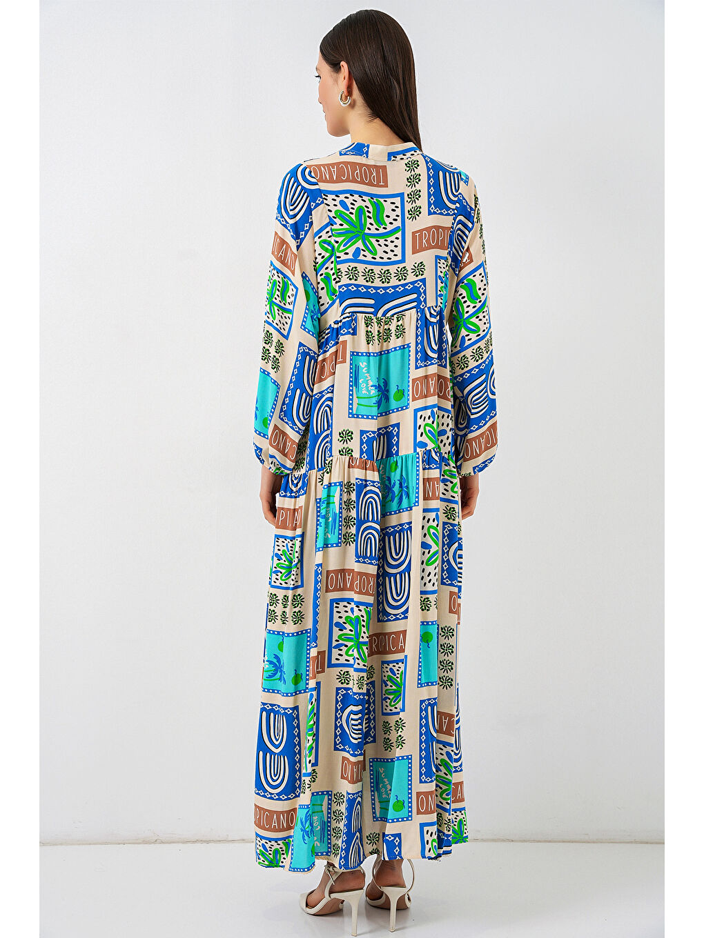 Kadın Desenli Uzun Tesettür Elbise 2585 - A. Turkuaz-5