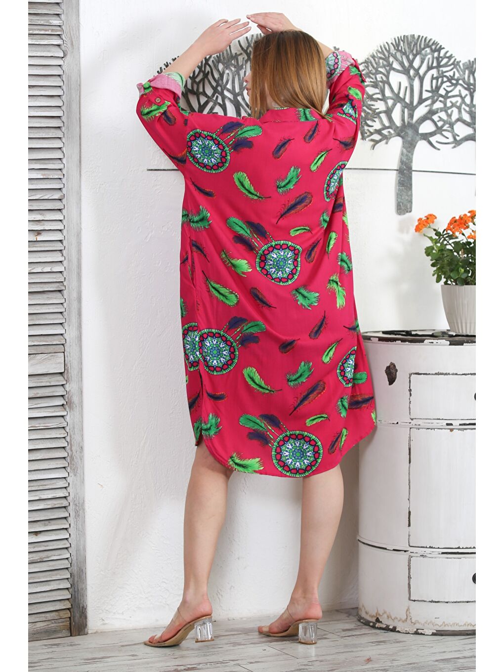 Fuşya Gömlek Yaka Uzun Kol Düğmeli Gizli Cepli Allover Baskılı Dokuma Casual Elbise-7