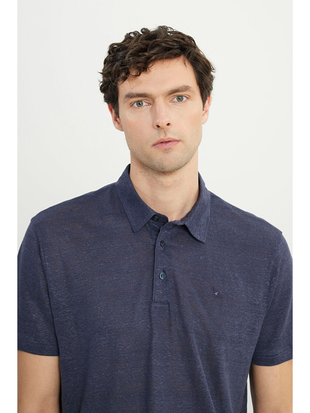Erkek Lacivert %100 Keten Slim Fit Dar Kesim Polo Yaka Tişört-3
