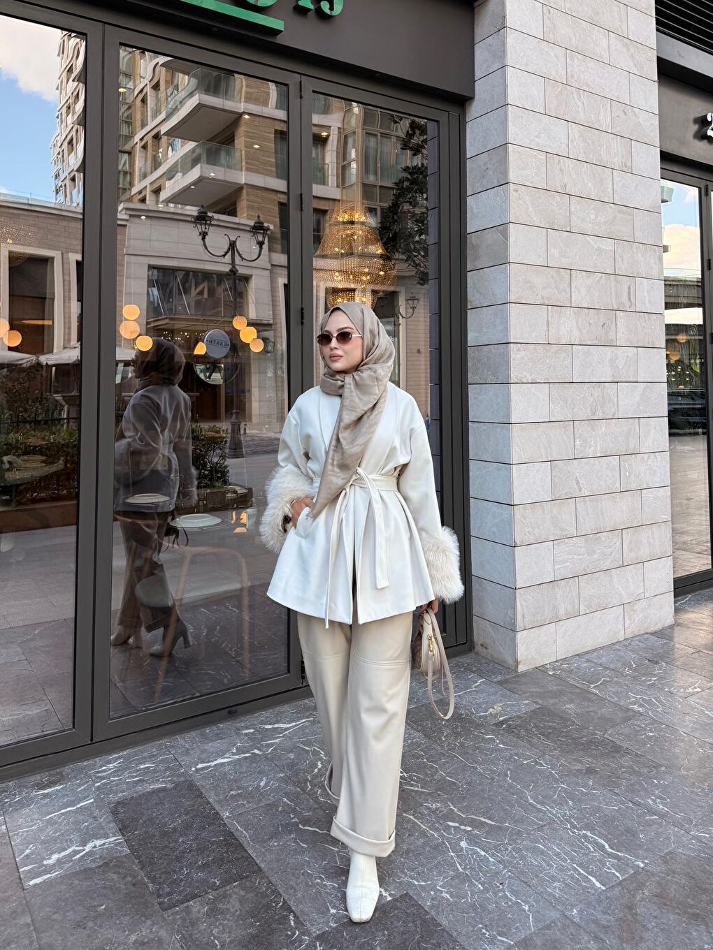 Ekru Kadın Bel Bağlamalı Kaşe Kaban Krem-3