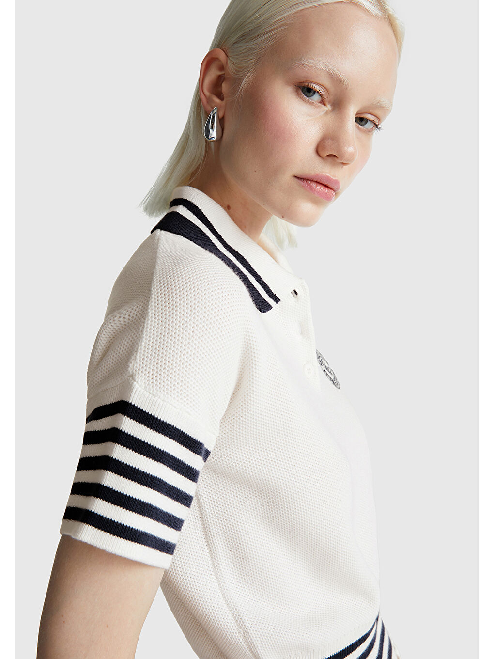 Ekru Kadın Krem %100 Pamuk Polo Yaka Kısa Kollu Kazak-6