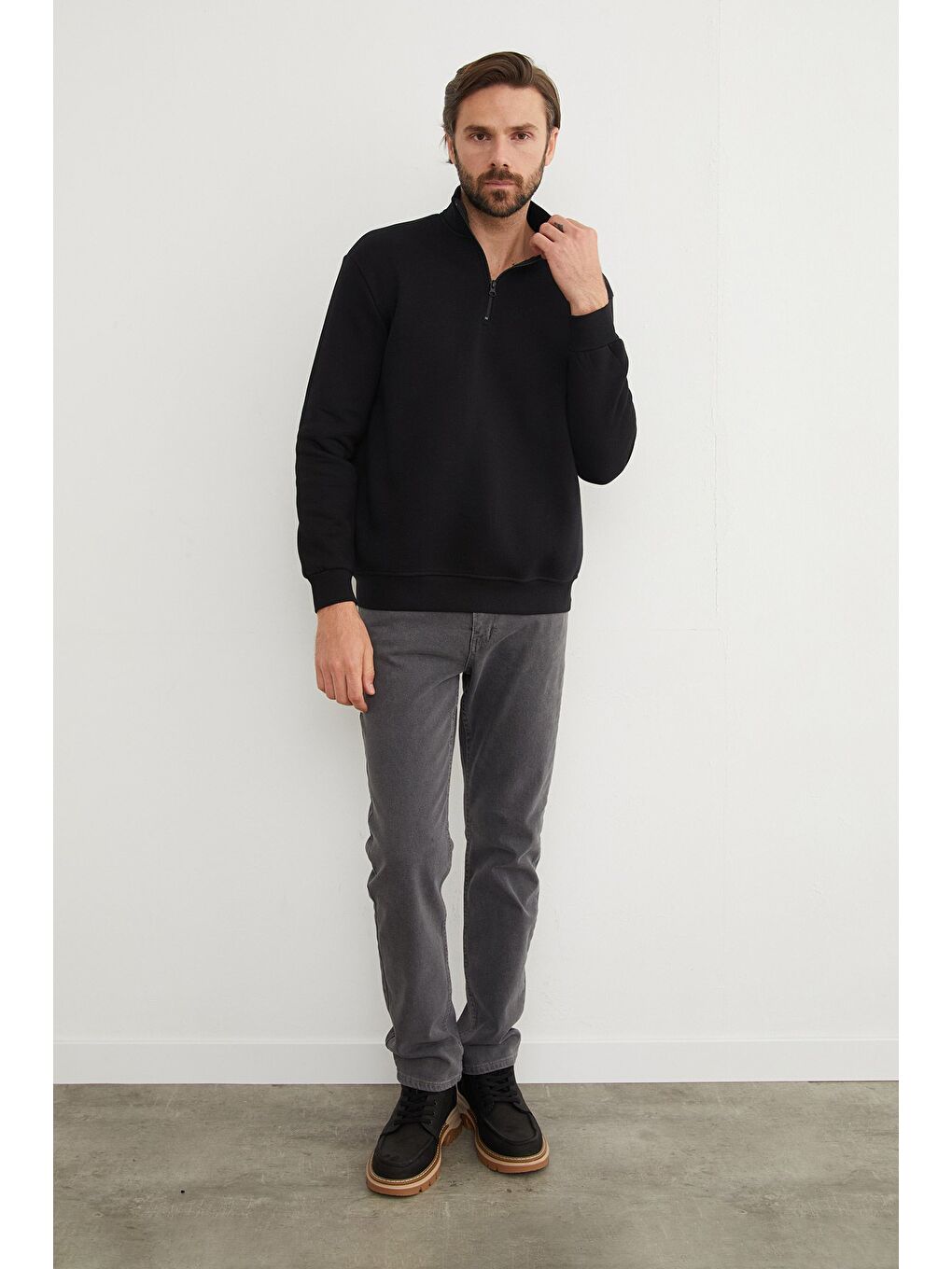Siyah 3 İplik Yarım Fermuarlı Sweatshirt-2