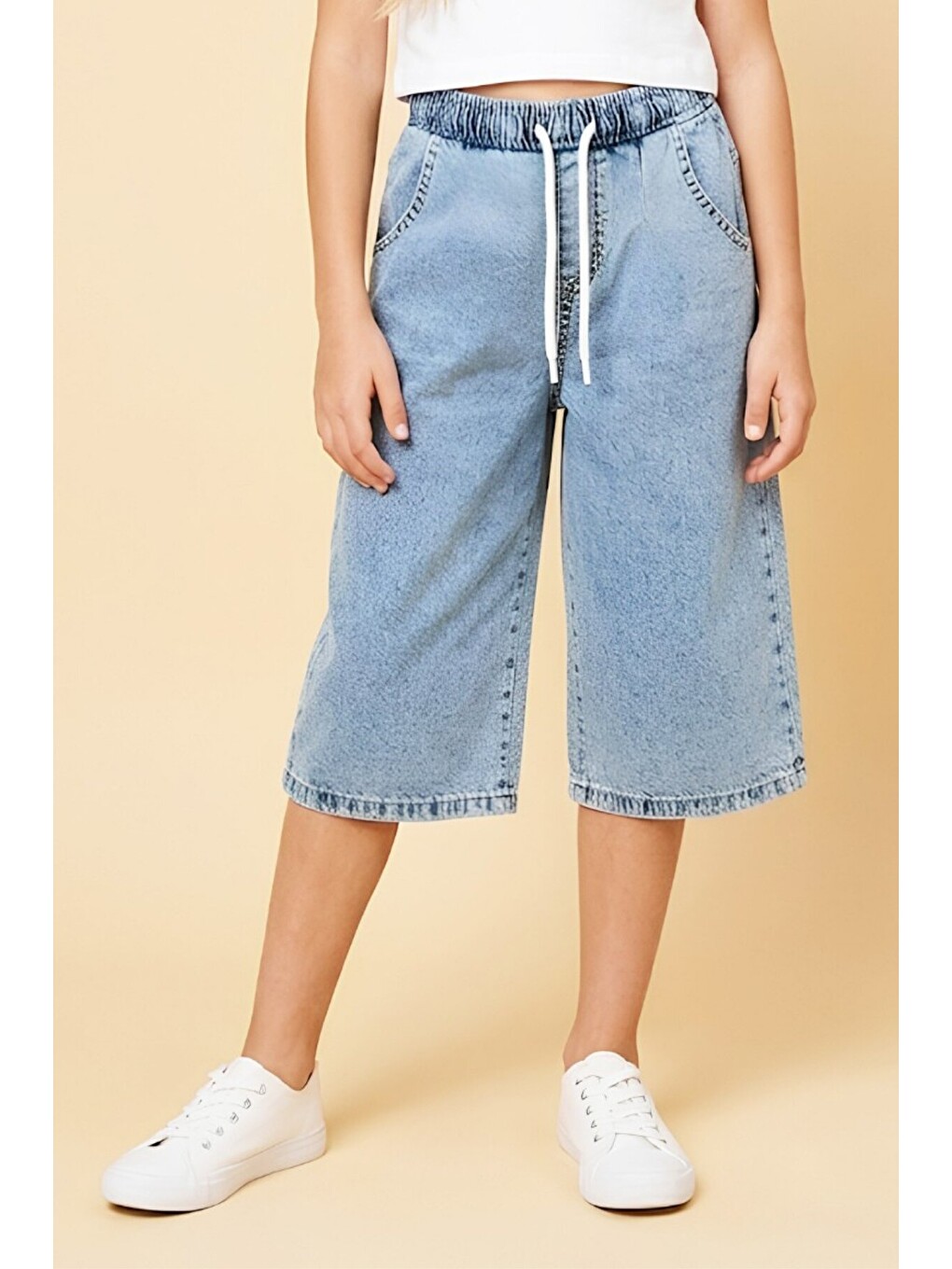 Mavi Kız Çocuk Beli Lastikli Ve Kordonlu Kapri Jean Pantolon 5-15 Yaş 12719sk-1