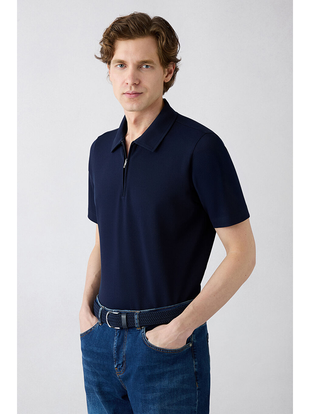 Lacivert Regular Fit Pamuk Fermuarlı Polo Yaka Tişört