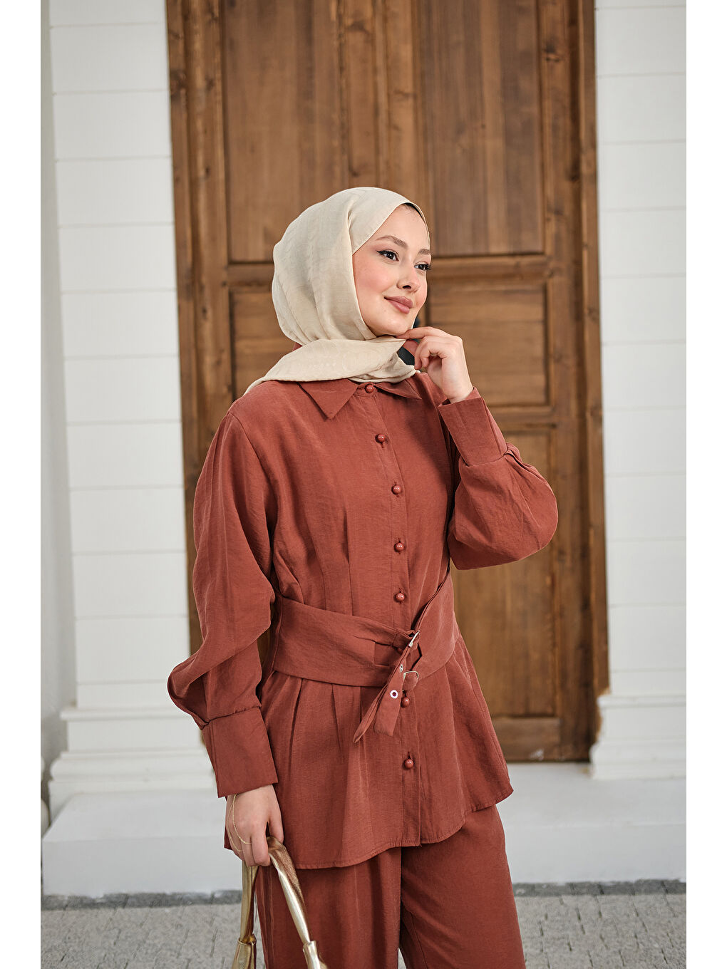 Kahverengi Kadın Beli Pile Detay İki Kemerli Gömlek Yaka Takım Kiremit-2