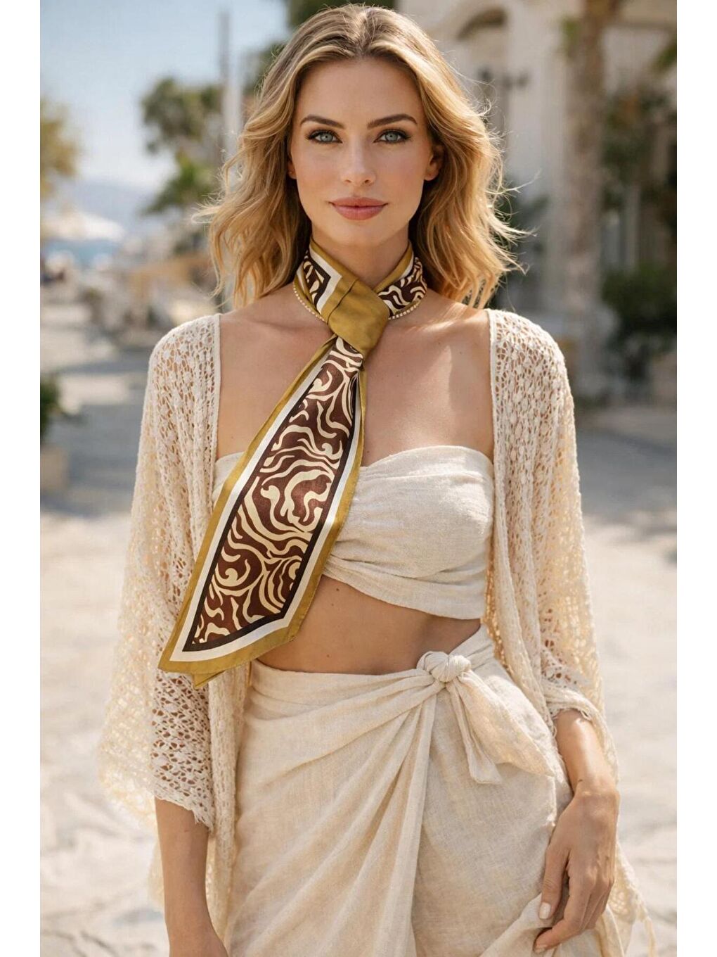 Kadın Haki Kahverengi Mermer Desenli Premium Boyun Fuları FLR1005 KAHVERENGI