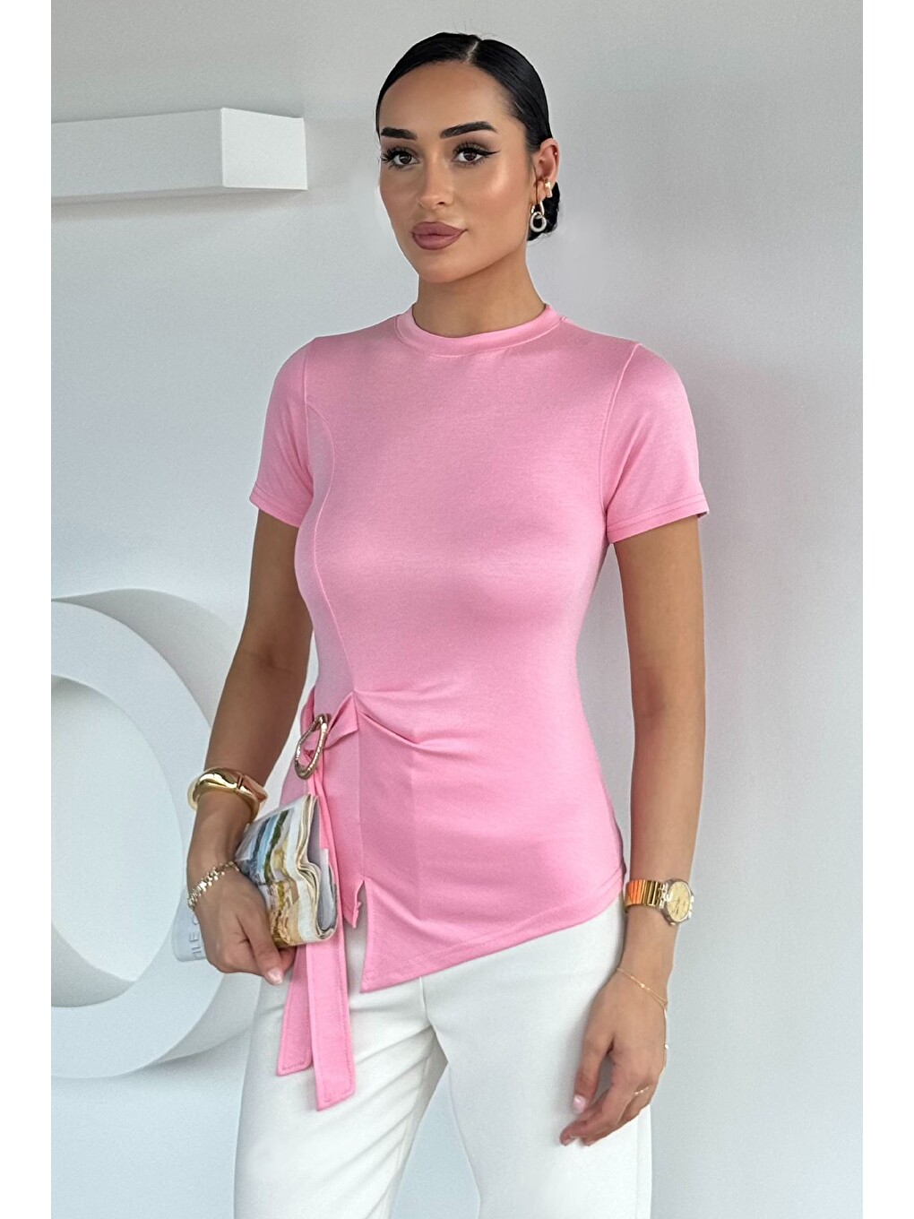 Pembe Kadın Tokalı Yan Bağlamalı Bluz