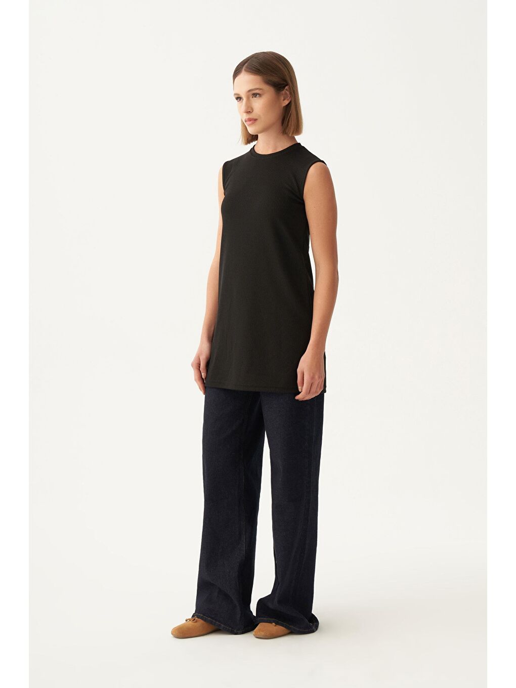 Siyah-Pamuklu Fitilli Kolsuz Elastanlı T-Shirt-2