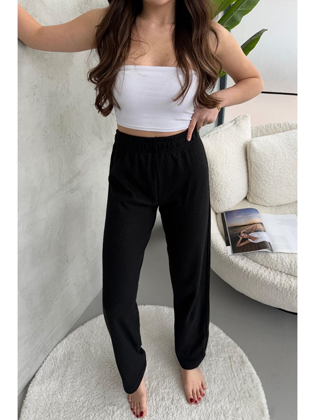MMETALIC Kadın Siyah Yüksek Bel Fitilli Bol Paça Günlük İnce Eşofman Altı Pijama