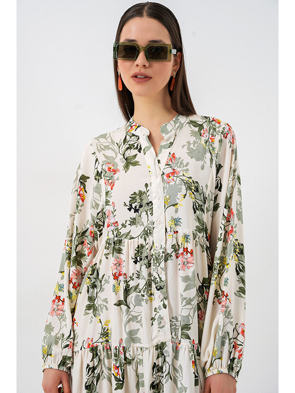 Yeşil Kadın Desenli Uzun Tesettür Elbise 2585 - C. Çağla-1