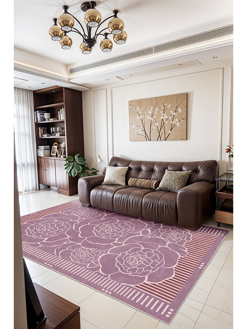 Pembe Dekoratif Salon Halısı, Makinada Yıkanabilir, Kaymaz Taban, İnce & Modern Tasarım-1
