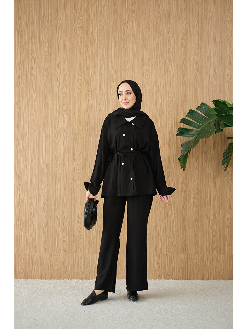 Kadın Kalp Düğme Kemer Detay Takım Siyah-1