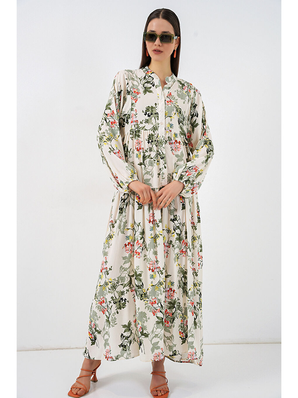 Yeşil Kadın Desenli Uzun Tesettür Elbise 2585 - C. Çağla-2