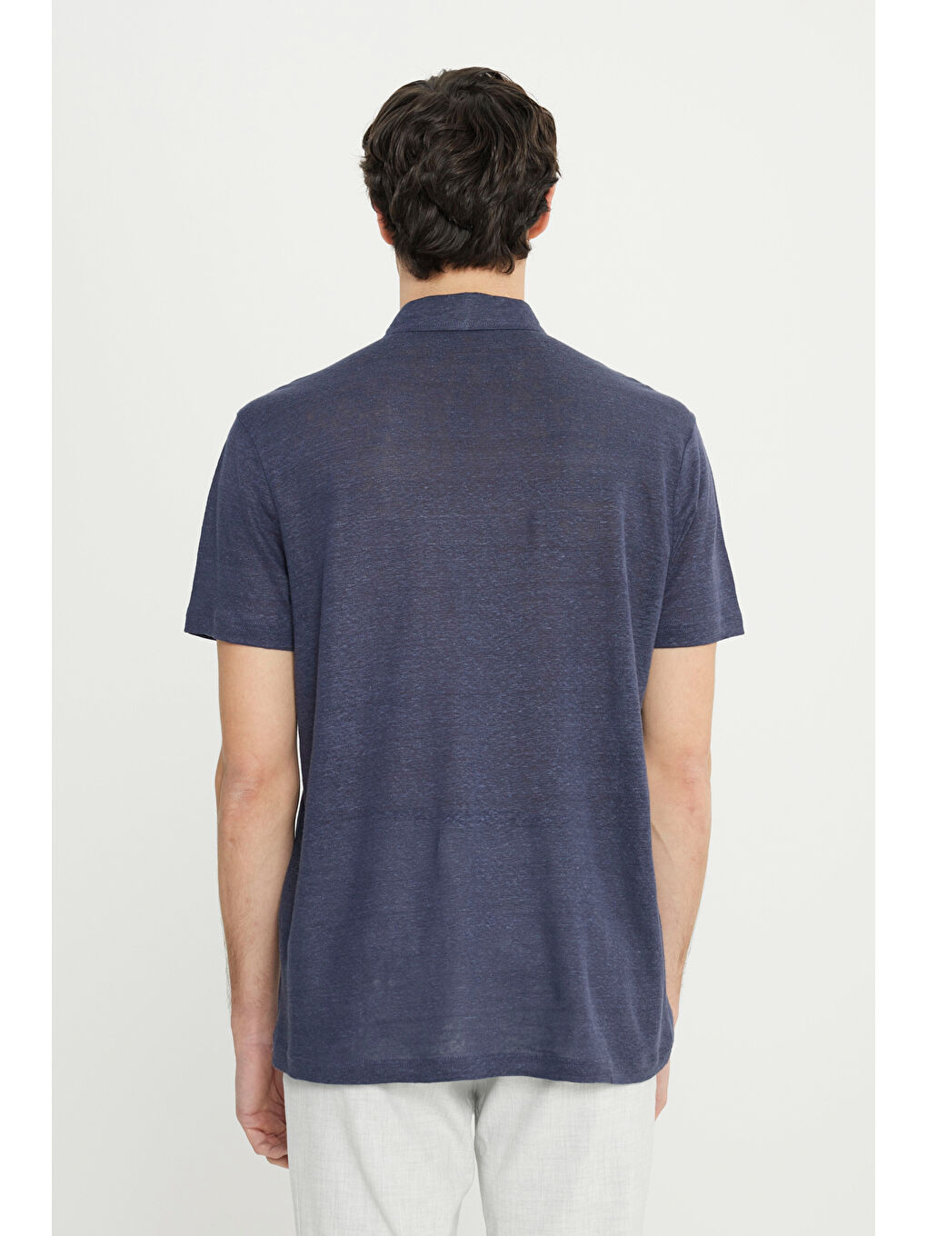 Erkek Lacivert %100 Keten Slim Fit Dar Kesim Polo Yaka Tişört-4