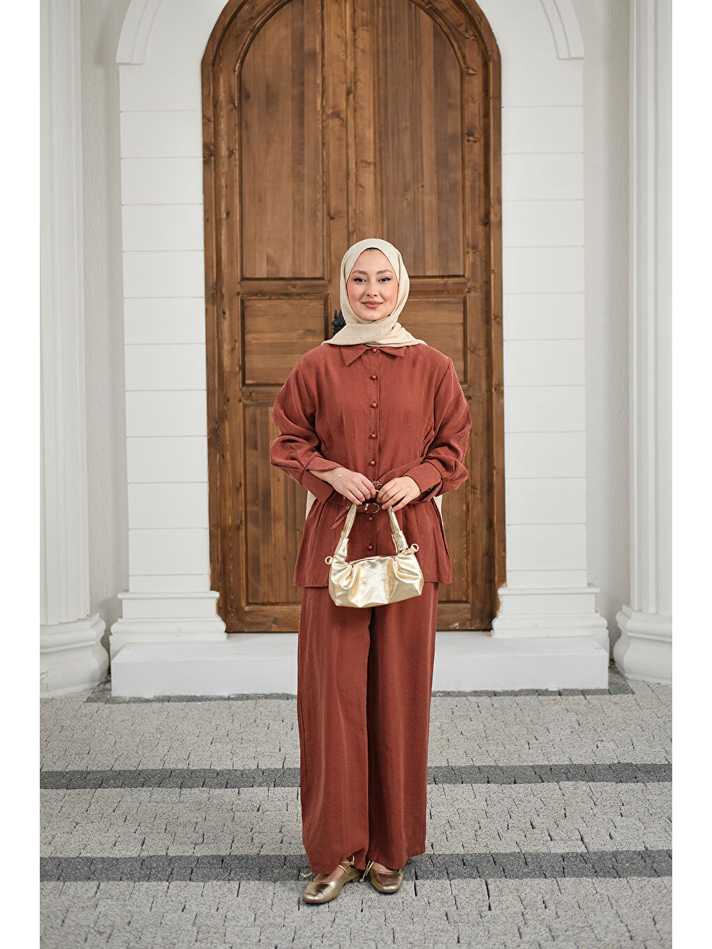 Kahverengi Kadın Beli Pile Detay İki Kemerli Gömlek Yaka Takım Kiremit-3