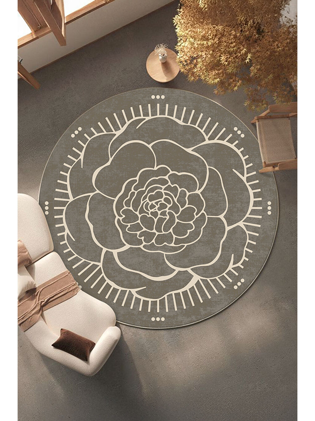 Kahverengi Dekoratif Salon Halısı, Makinada Yıkanabilir, Kaymaz Taban, İnce & Modern Tasarım-3