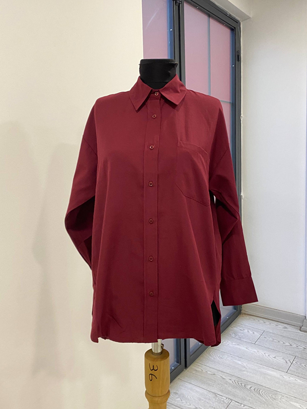 Bordo Oversize Arkası Uzun Önü Kısa Poplin Gömlek-1