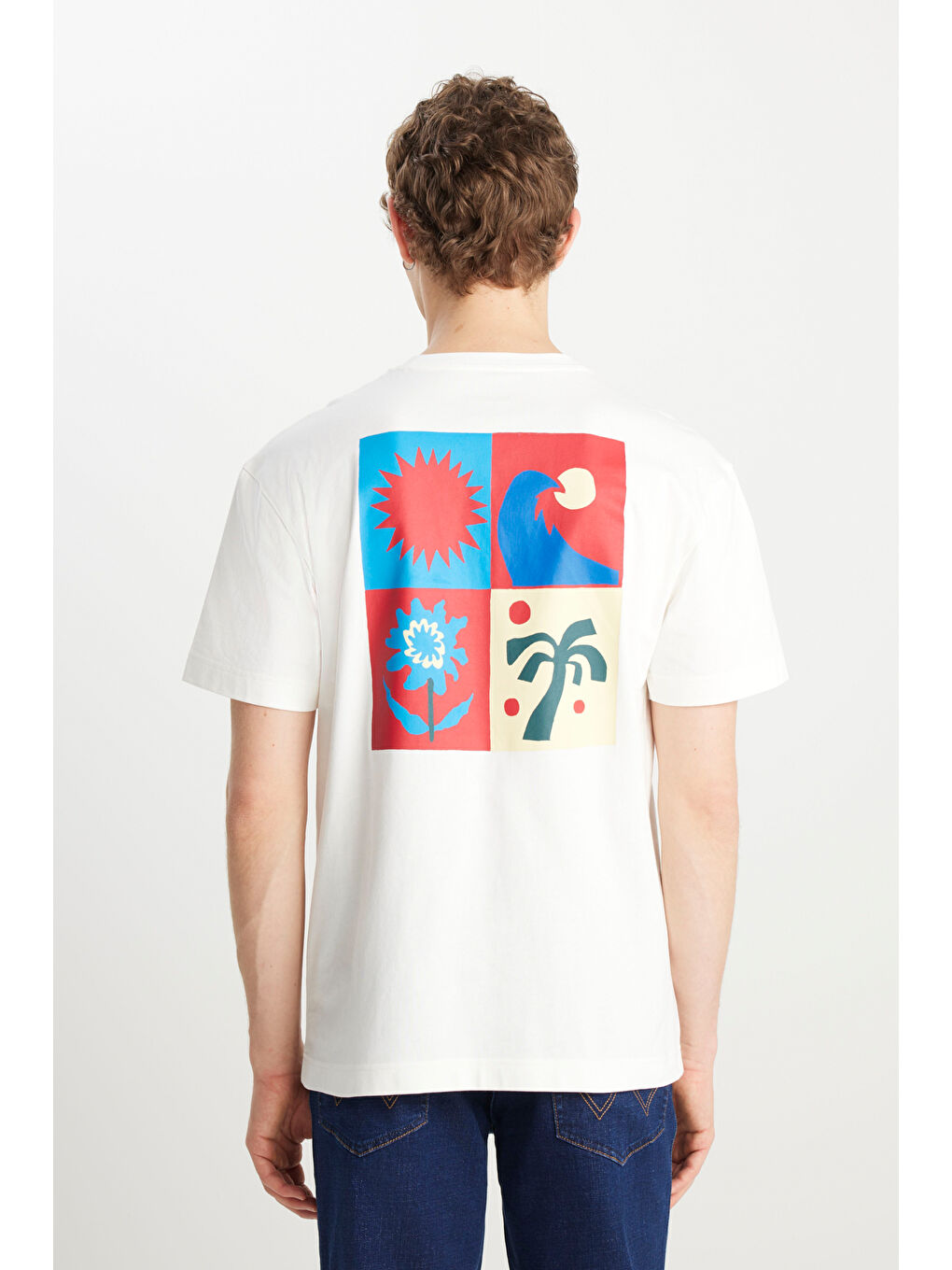 Beyaz %100 Pamuk Relaxed Fit Geniş Kesim Bisiklet Yaka Ekru Tişört-4