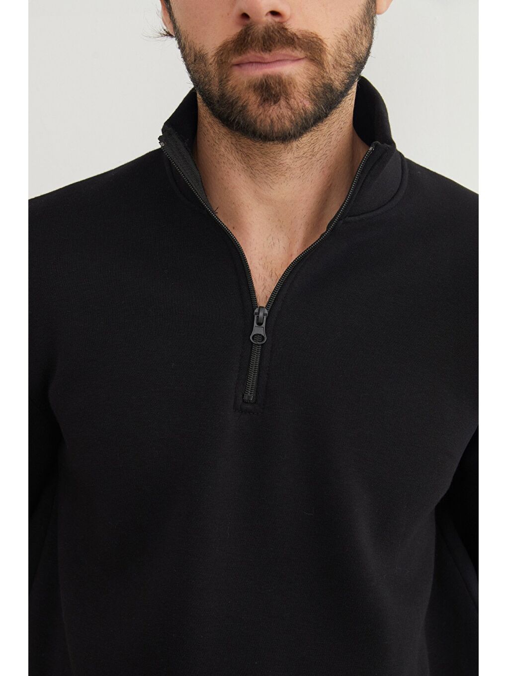 Siyah 3 İplik Yarım Fermuarlı Sweatshirt-4