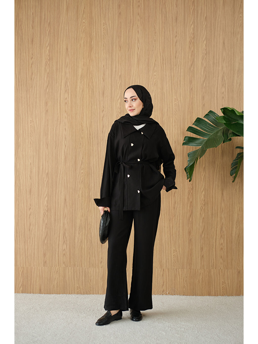 Kadın Kalp Düğme Kemer Detay Takım Siyah-2