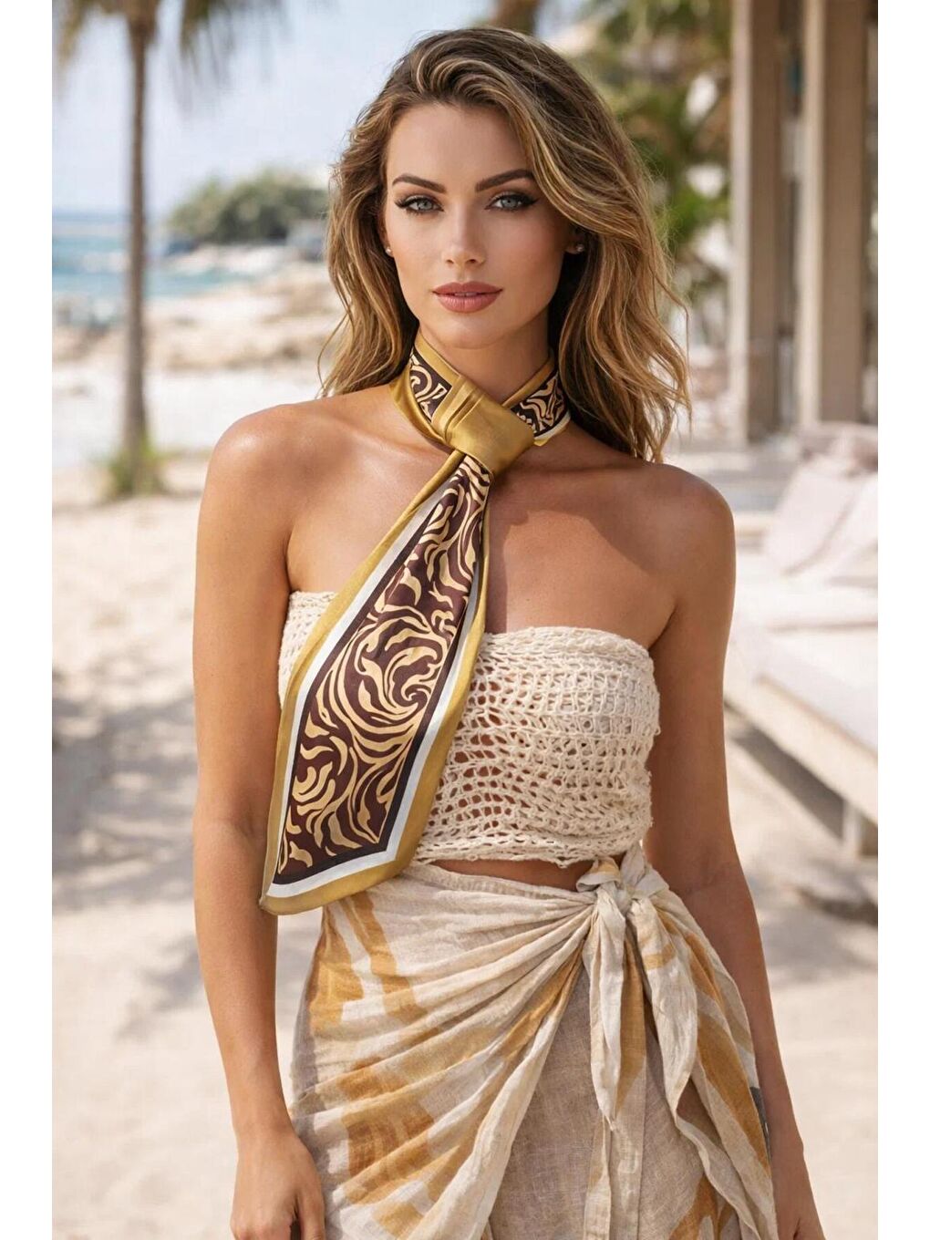 Kadın Haki Kahverengi Mermer Desenli Premium Boyun Fuları FLR1005 KAHVERENGI-1