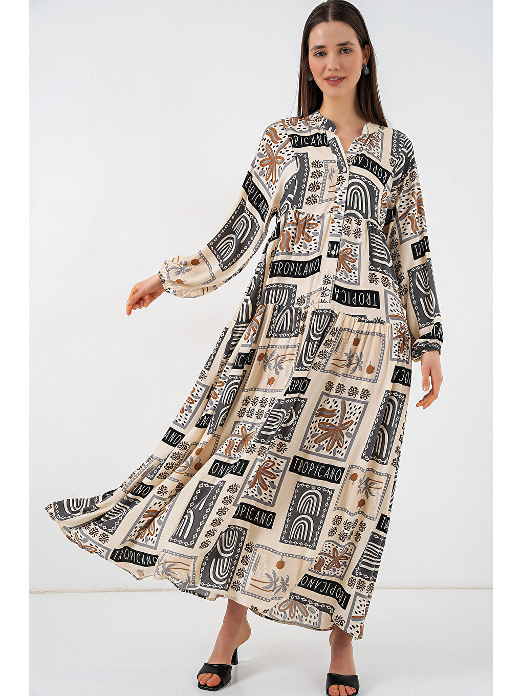 Kadın Desenli Uzun Tesettür Elbise 2585 - K. Bej-2