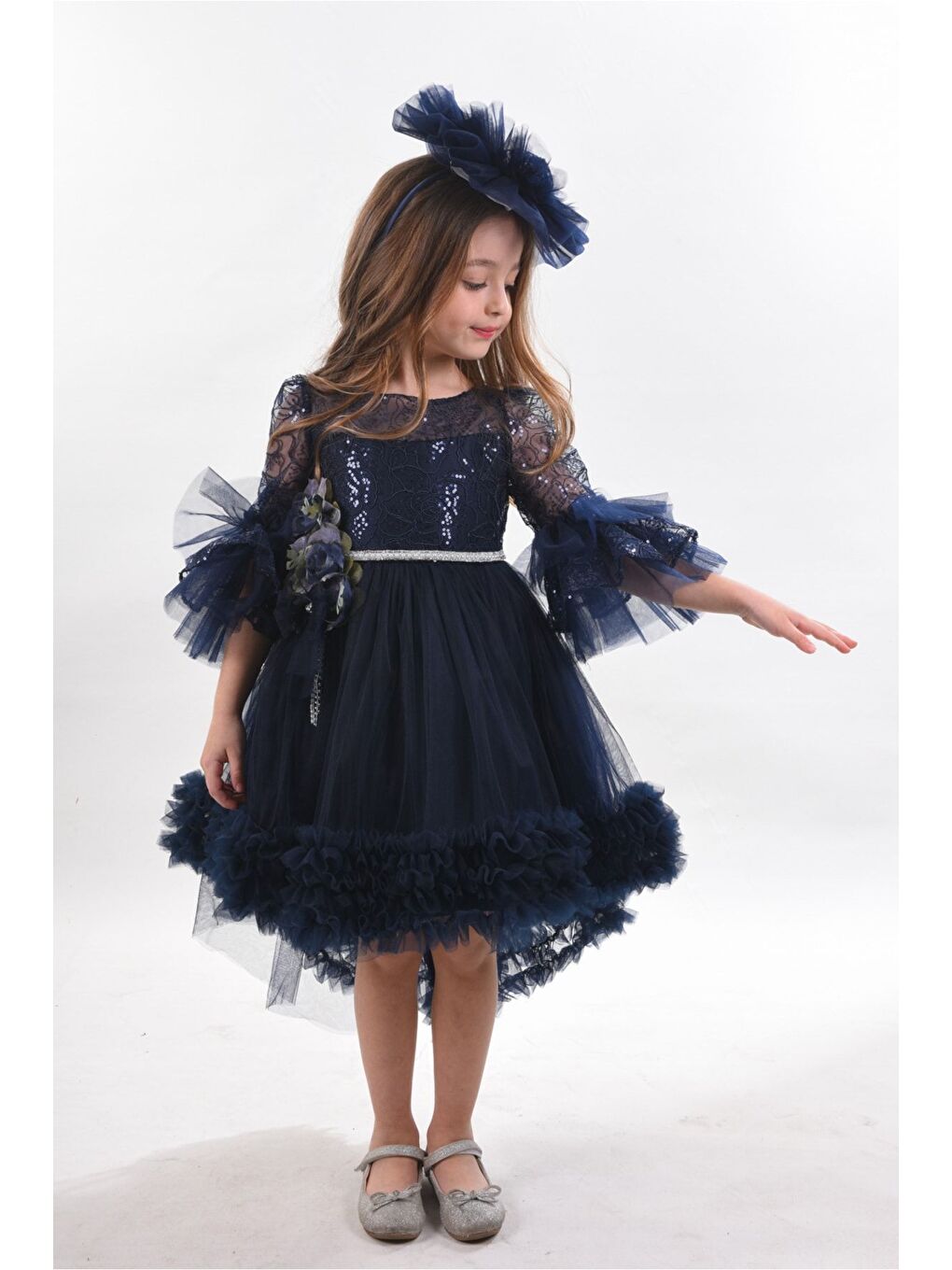 Lacivert Özel Tasarım Kız Çocuk Elbise, Doğum Günü Elbisesi, Arkası Kuyruklu Kız Çocuk Elbisesi_M2311-1