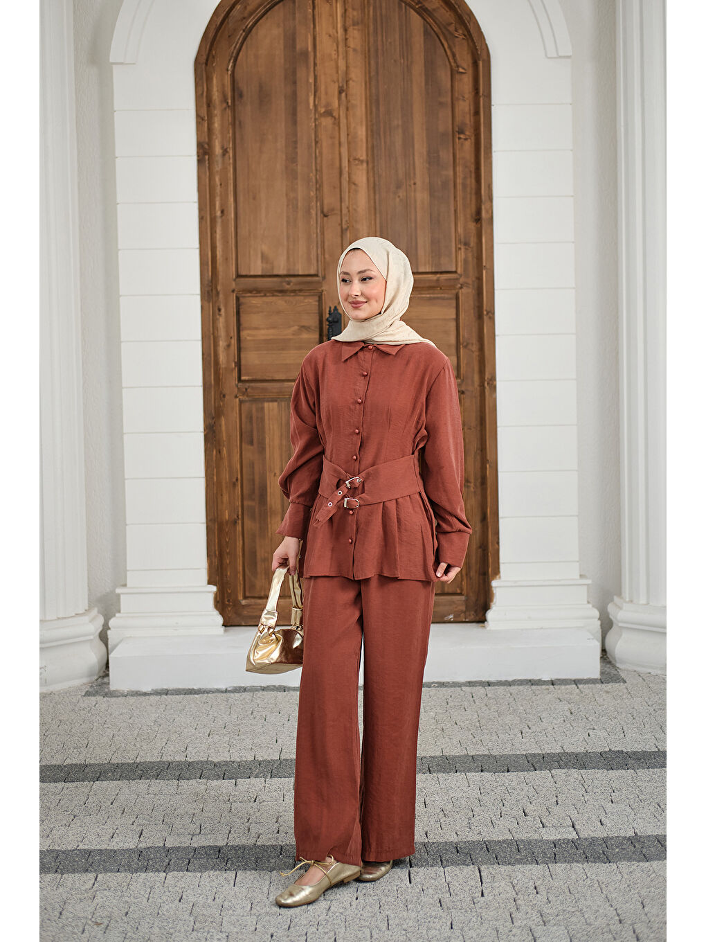 Kahverengi Kadın Beli Pile Detay İki Kemerli Gömlek Yaka Takım Kiremit-4